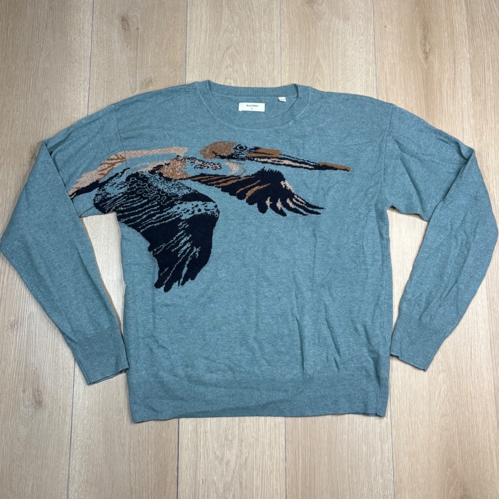 Billy Reid Pelican Intarsia Knit Sweater Blue Wool Cashmere Blend Womens Large